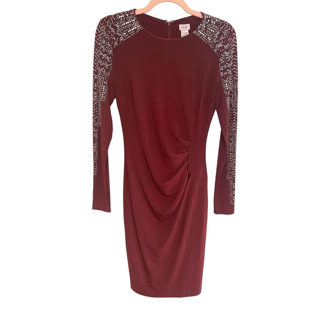 Cache Burgundy Bodycon‎ Dress Ruched Rhinestone Sleeve Cocktail Y2K Glam Size 6